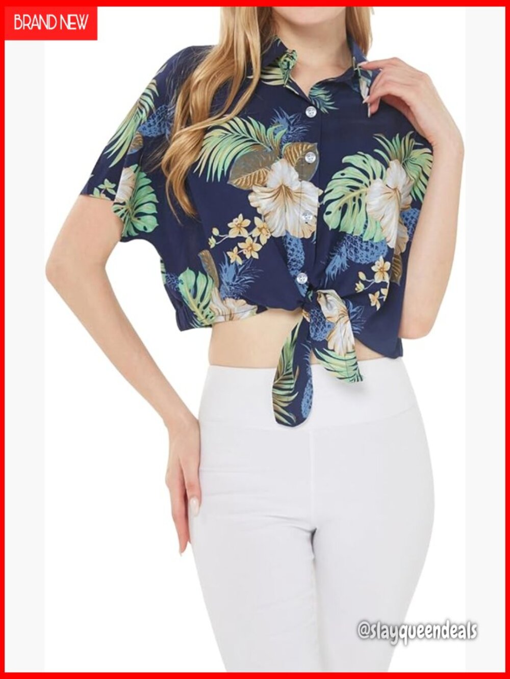 Printed Button Down Crop Top - Short Sleeve Blouse with Tie-Up Front - Picture 1 of 6